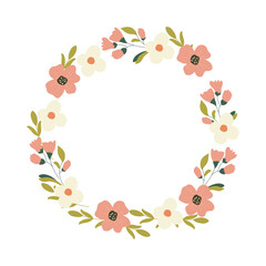 Elegant floral wreath frame with pastel flowers and leaves. Perfect for flyer design, wedding invitations, greeting cards, and promotional prints.