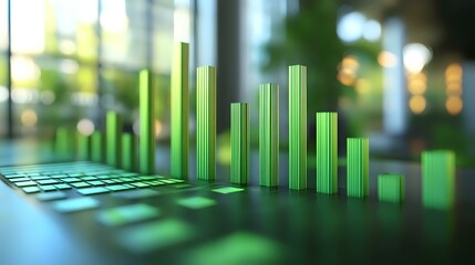 Green glowing bar chart visualization showing financial or business data analysis with dynamic height columns on dark reflective surface.