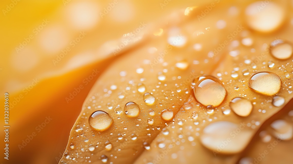 Poster macro photography of water droplets on golden surface with soft bokeh effect and warm lighting creat