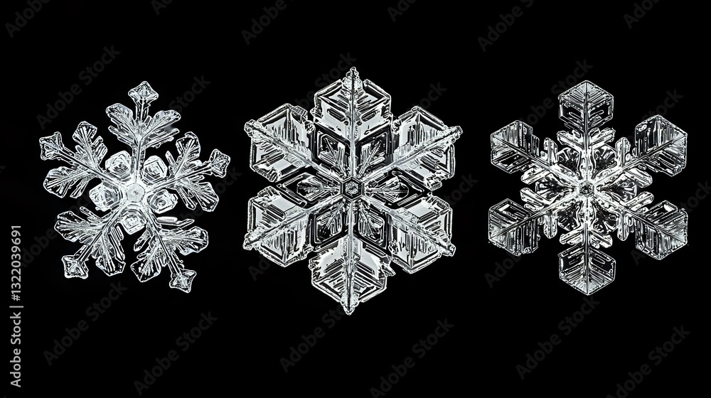 Poster macro photographs of real snowflakes showing intricate crystalline patterns and delicate symmetrical
