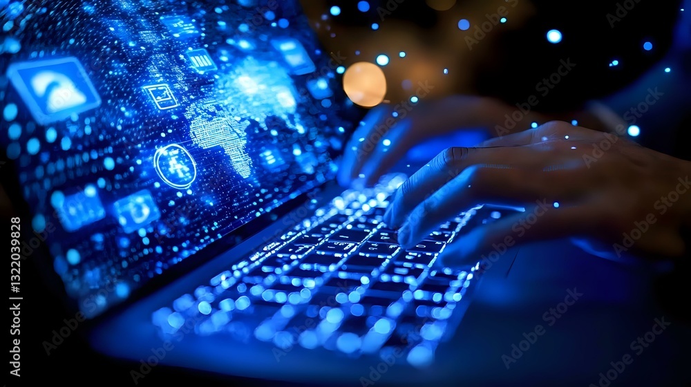 Poster hands typing on illuminated keyboard with glowing blue technology icons and digital interface displa
