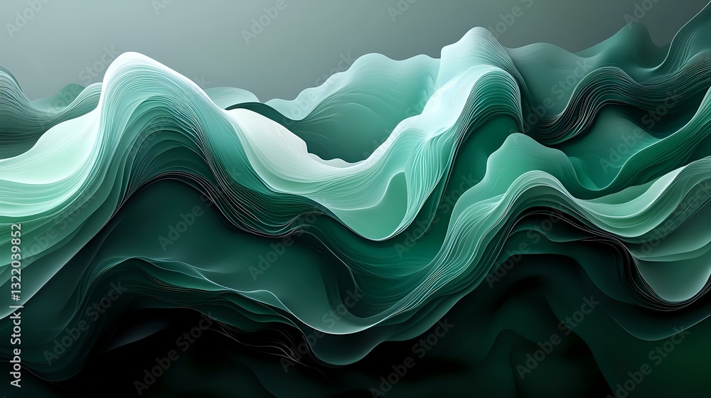 Poster flowing abstract waves in deep emerald and mint green tones create dynamic movement against dark bac