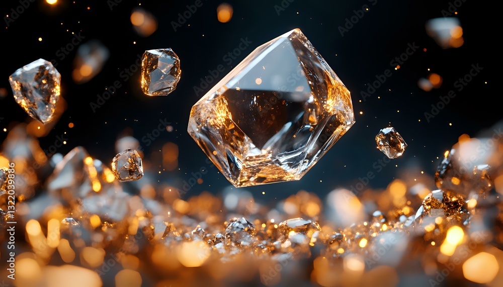 Poster sparkling crystal fragments floating in space with golden light bokeh effects against dark backgroun