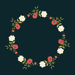 Delicate floral wreath frame featuring soft pastel flowers and leaves. Ideal for flyers, wedding invitations, greeting cards, and elegant promotional materials. Perfect for branding and seasonal desig