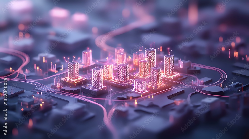 Poster futuristic glowing cityscape with neon pink illuminated skyscrapers and roads creating circuit-like 