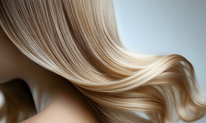 Naklejka premium Flowing blonde hair with natural highlights and waves against light background, showcasing healthy, shiny texture and movement for beauty and haircare advertising.