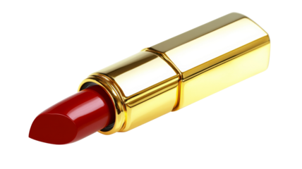 Red lipstick in gold tube on transparent background