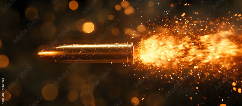 Poster flying bullet with fiery sparks and burning particles trailing behind against dark background with b