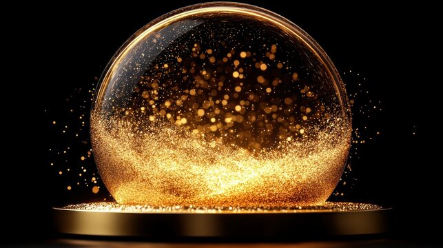 Golden particles swirl within a glass sphere on a gilded platform, dark backdrop