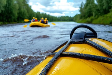A close-up view of a yellow raft on a river with paddlers in the background