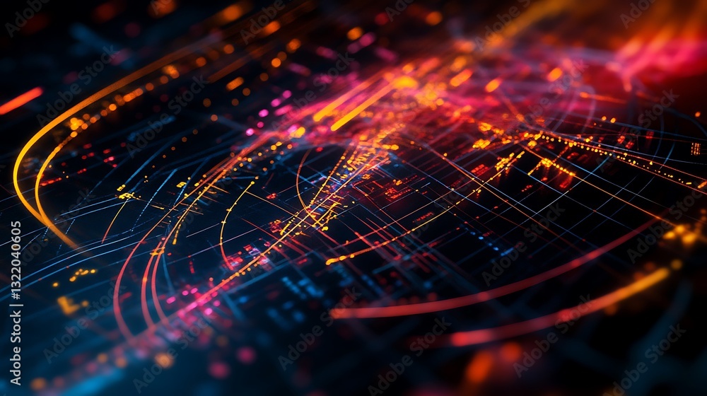Poster futuristic abstract technology background with glowing lines and data streams in red, orange, and bl