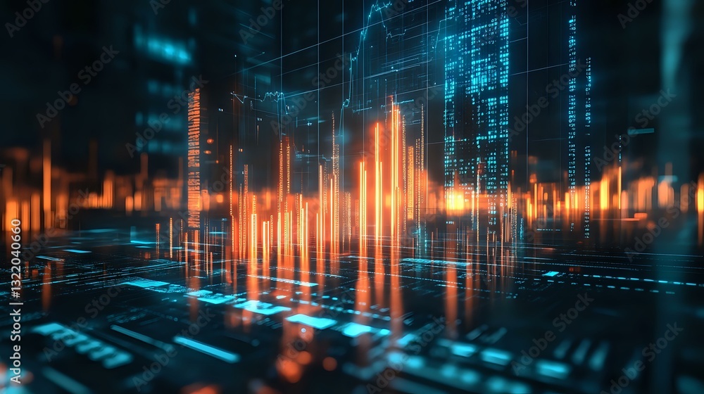 Poster digital orange sound wave visualization on dark background with blue technology elements and binary 