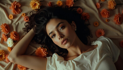 A woman lying among flowers. AI image