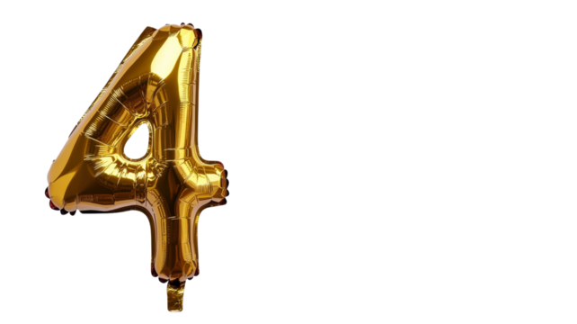 Golden number four balloon celebrating an anniversary on transparent background