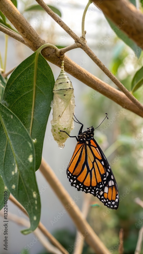 Poster butterfly emerges from cocoon during transformation in a natural setting generative ai