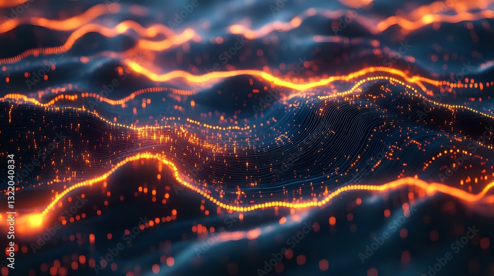 Poster abstract digital landscape with glowing orange light waves flowing over dark terrain, creating lumin