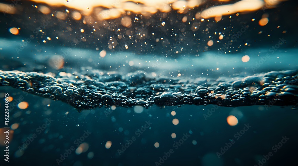 Poster underwater split view with golden bokeh particles floating above and below surface. turquoise ocean 
