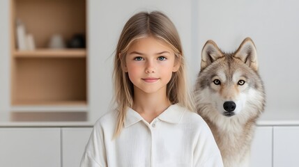 Adorable Girl Posing with Friendly Dog in Cozy Scandinavian Home Setting