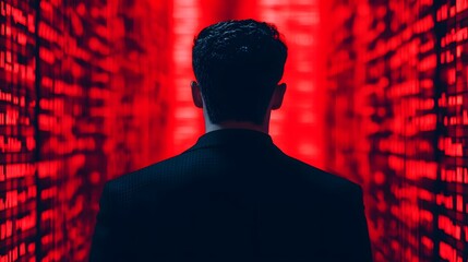 A Shadowy Figure Navigates Through a Digital Landscape of Cybersecurity Threats