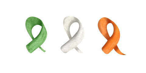 Green, white, orange ribbons clip art watercolor illustration isolated background. Festive holiday elements in Ireland flag colors for Saint Patrick day 2025 decoration. For wrapping gift box