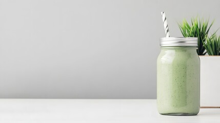 A Minimalist Workspace with a Refreshing Green Smoothie in a Glass Jar