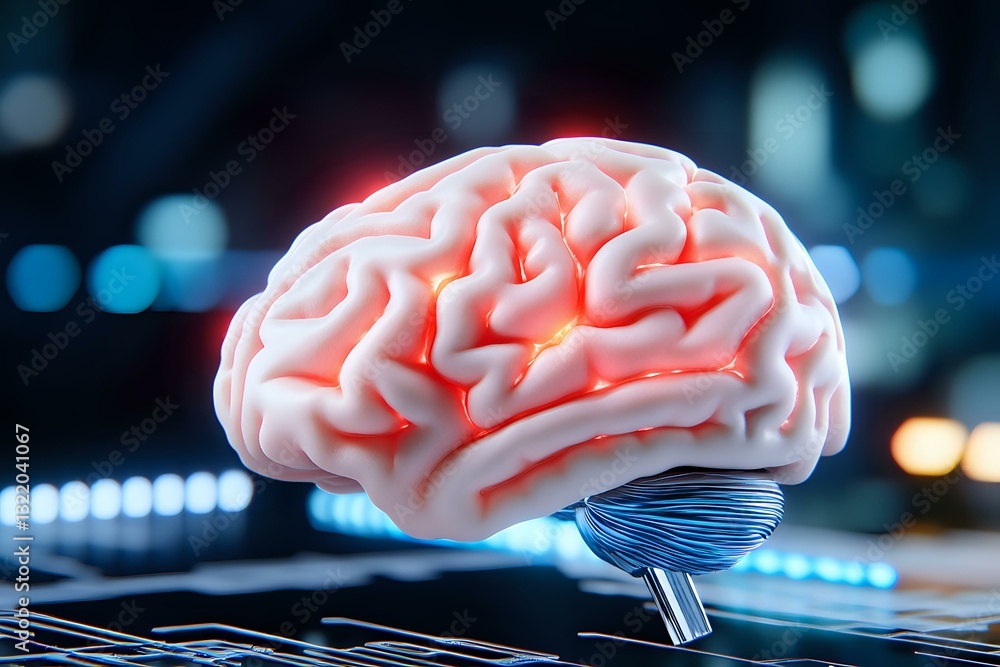 Poster glowing brain model on circuit board with blue bokeh background illustrates artificial intelligence 