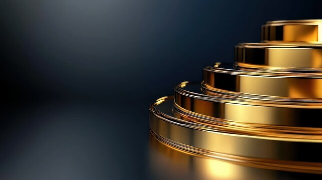 Golden stacked discs ascend against a blurred, dark blue backdrop