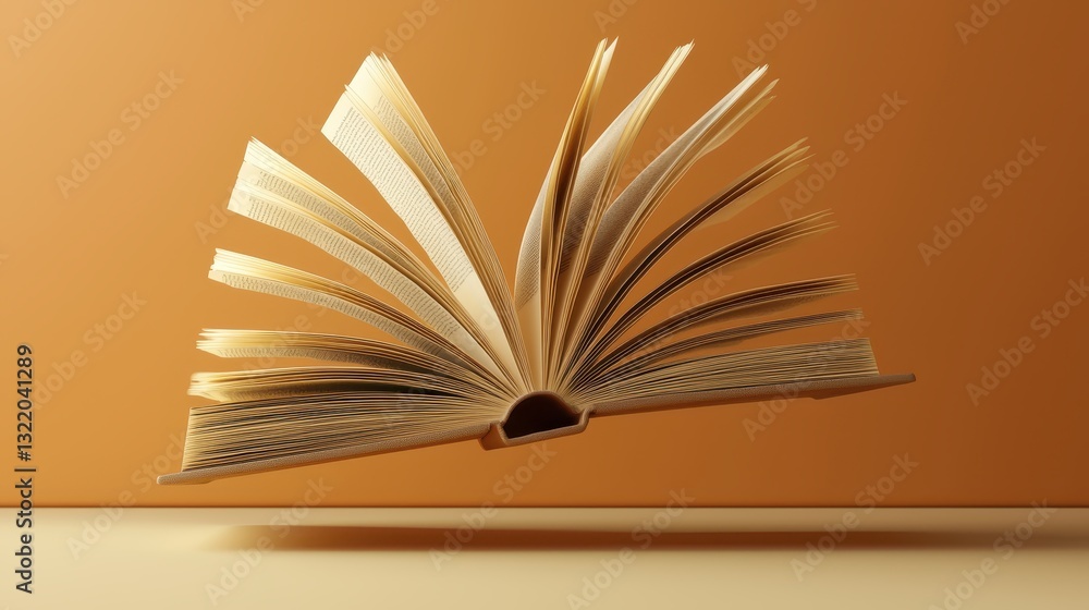 Poster open book floating in air with orange background and soft shadows