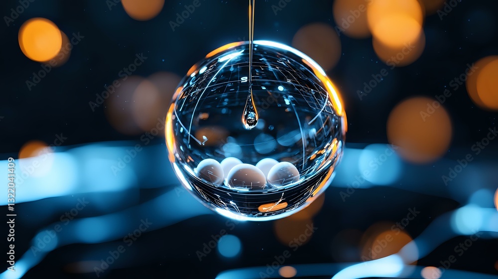 Poster crystal glass sphere with water drop and bokeh lights creating magical refraction effect against dar