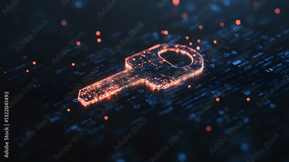 Poster digital security concept with glowing orange key symbol on circuit board pattern background, represe