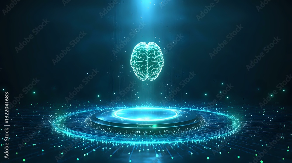 Poster glowing neon brain hovers above luminous circular platform with particle effects in dark space, repr