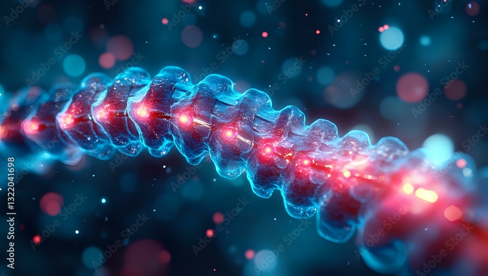 Poster glowing spiral dna helix structure with red and blue illumination against dark background showing ge
