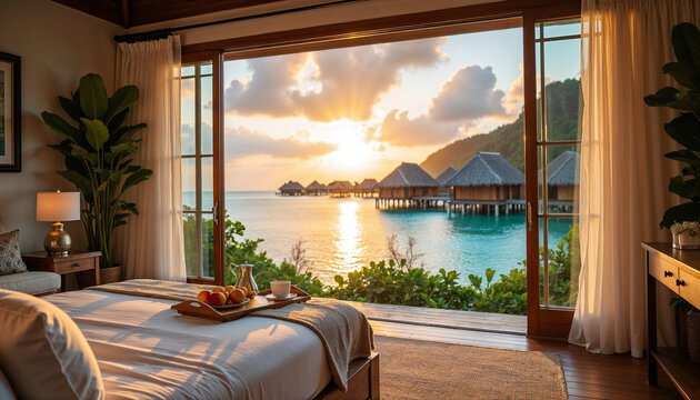 Fototapeta luxurious beachfront resort in Bora Bora with overwater bungalows reflecting on the crystal-clear turquoise ocean seen from the open balcony against the sunrise