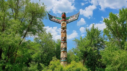 Obraz premium A towering totem pole at the entrance of a sacred site, marking the presence of ancestral spirits.