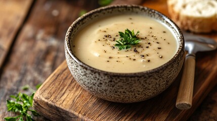 A rustic serving of homemade gravy, swirled in a small ceramic bowl, with a ladle resting beside it, placed on a wooden cutting board
