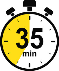 Stopwatch and Timer icon. 35 minutes countdown timer sign. Cooking time vector. Countdown timer symbol isolated on transparent background. Deadline related icon. Vector illustration.