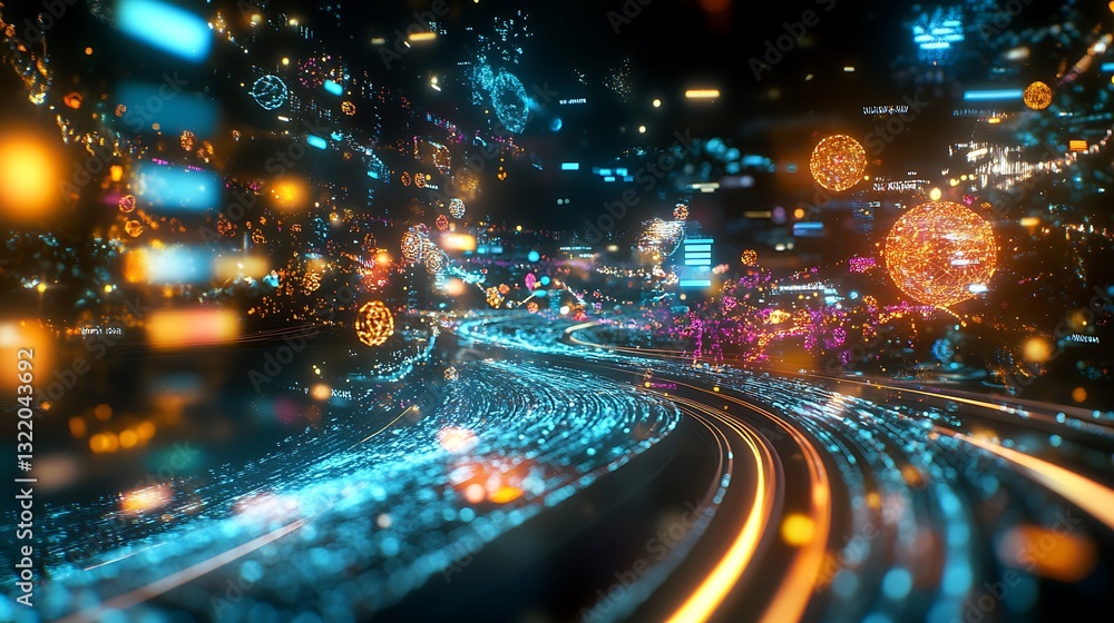 Poster futuristic cityscape: abstract digital data flow with glowing orbs and information visualization for