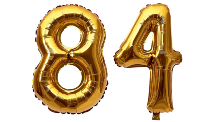 Golden balloons forming number eighty-four on transparent background