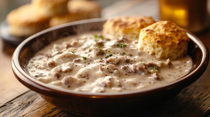 A steaming bowl of country-style sausage gravy, with visible black pepper flakes, served alongside flaky buttermilk biscuits on a wooden table