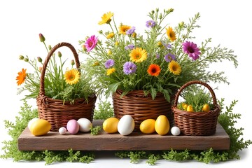 Spring Easter Floral Arrangement in Wicker Baskets with Colorful Eggs
