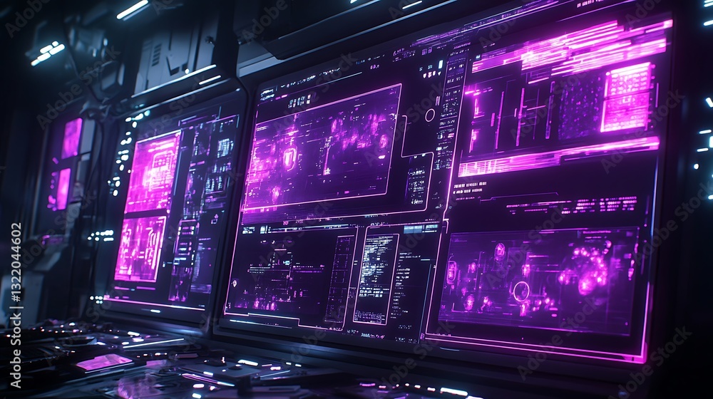 Poster a high-tech interface with multiple floating touchscreens and neon purple lines