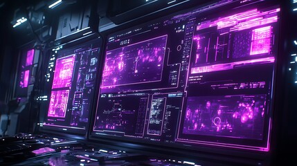 Obraz premium A high-tech interface with multiple floating touchscreens and neon purple lines
