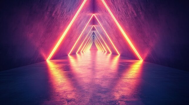Illuminated tunnel with triangular neon lights, reflecting on the floor