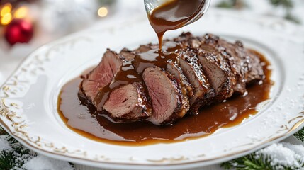 A winter-themed food styling, featuring a warm beef gravy drizzle over roast venison, with a snowy white plate backdrop