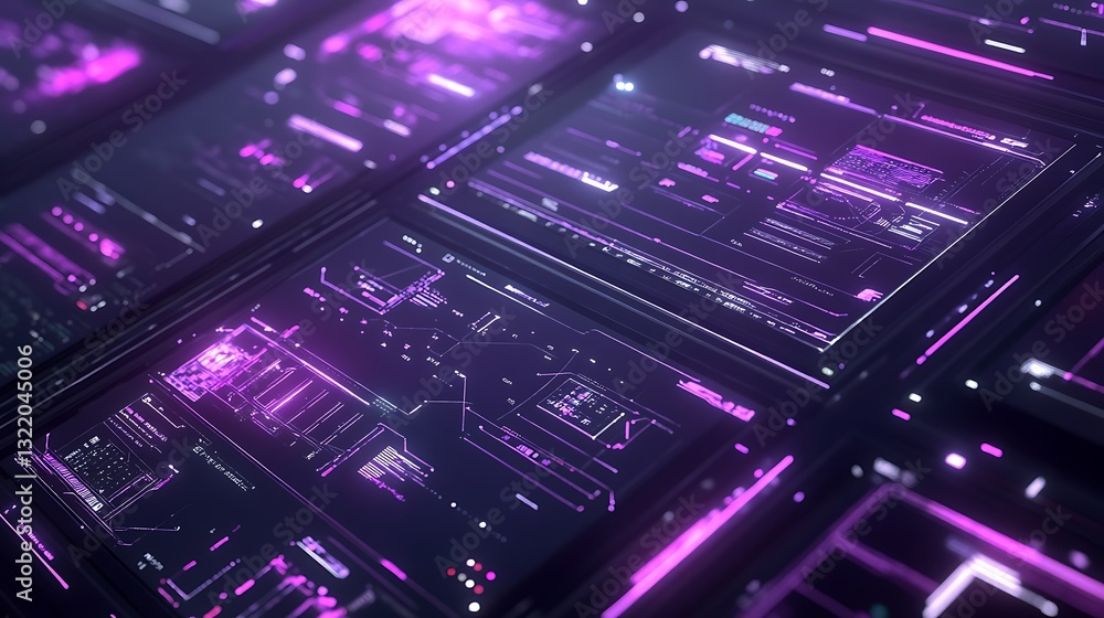 Poster a high-tech interface with multiple floating touchscreens and neon purple lines