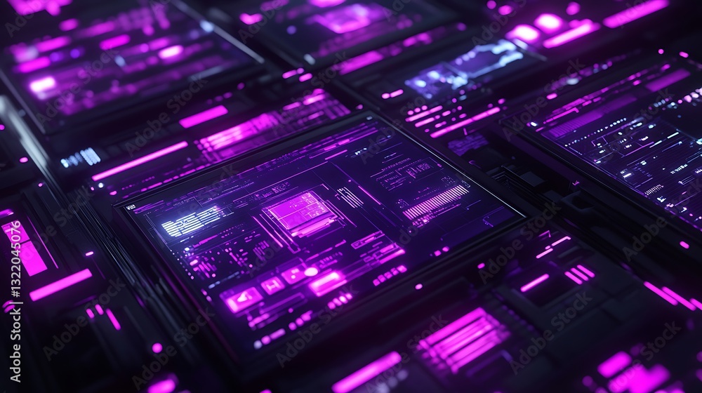 Poster a high-tech interface with multiple floating touchscreens and neon purple lines