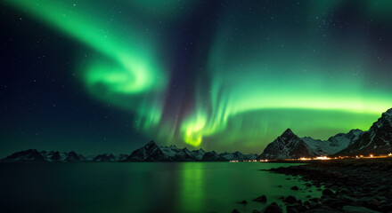 Mesmerizing Aurora Borealis: Green Northern Lights Dance Over Lofoten Islands, Norway - A Breathtaking Nightscape!