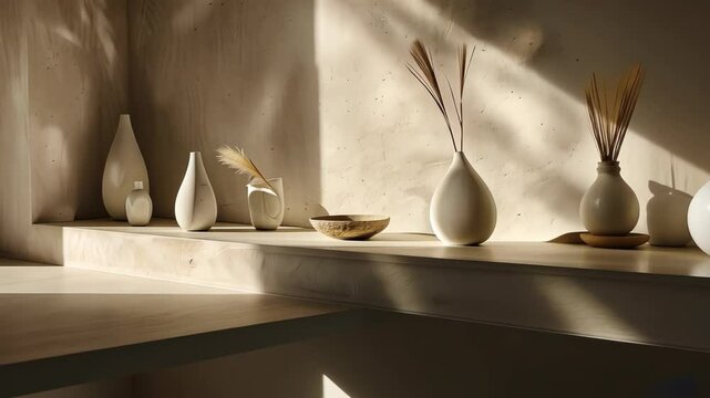 Elegant arrangement of white vases and natural decor elements showcased in warm sunlight, enhancing a minimalist aesthetic