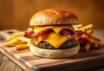 A mouthwatering hamburger on a wooden cutting board with fries