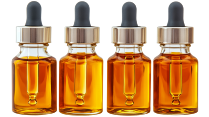 Four identical bottles containing orange liquid with dropper on transparent background